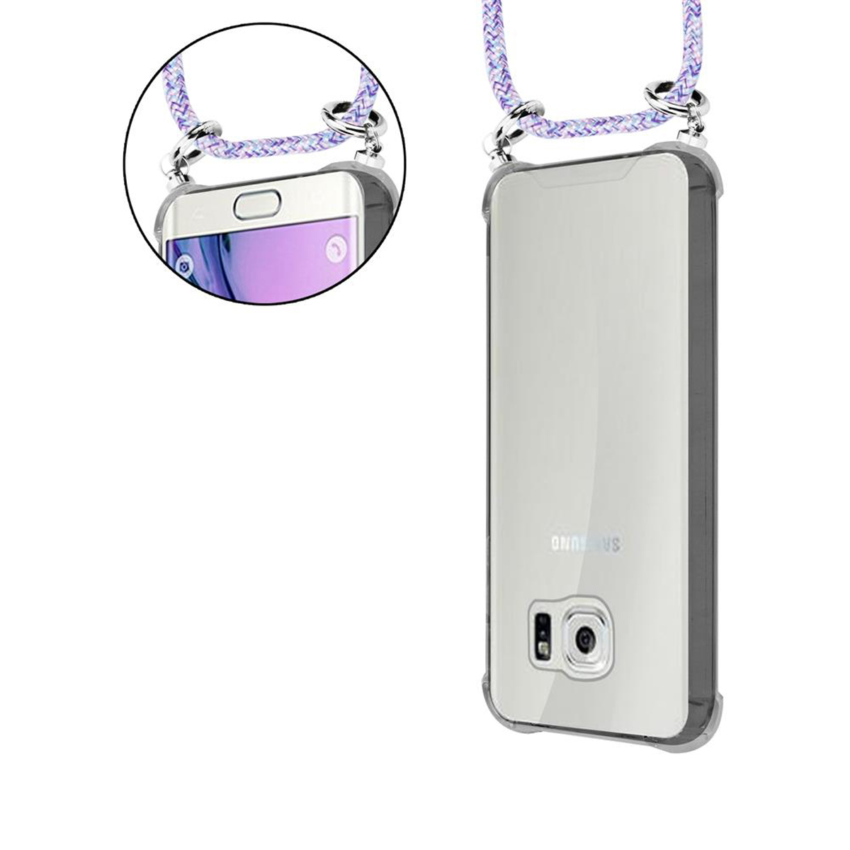 Ein Telefon in einer transparenten Hülle mit einem lila Seilriemen. Das Telefon ist weiß.