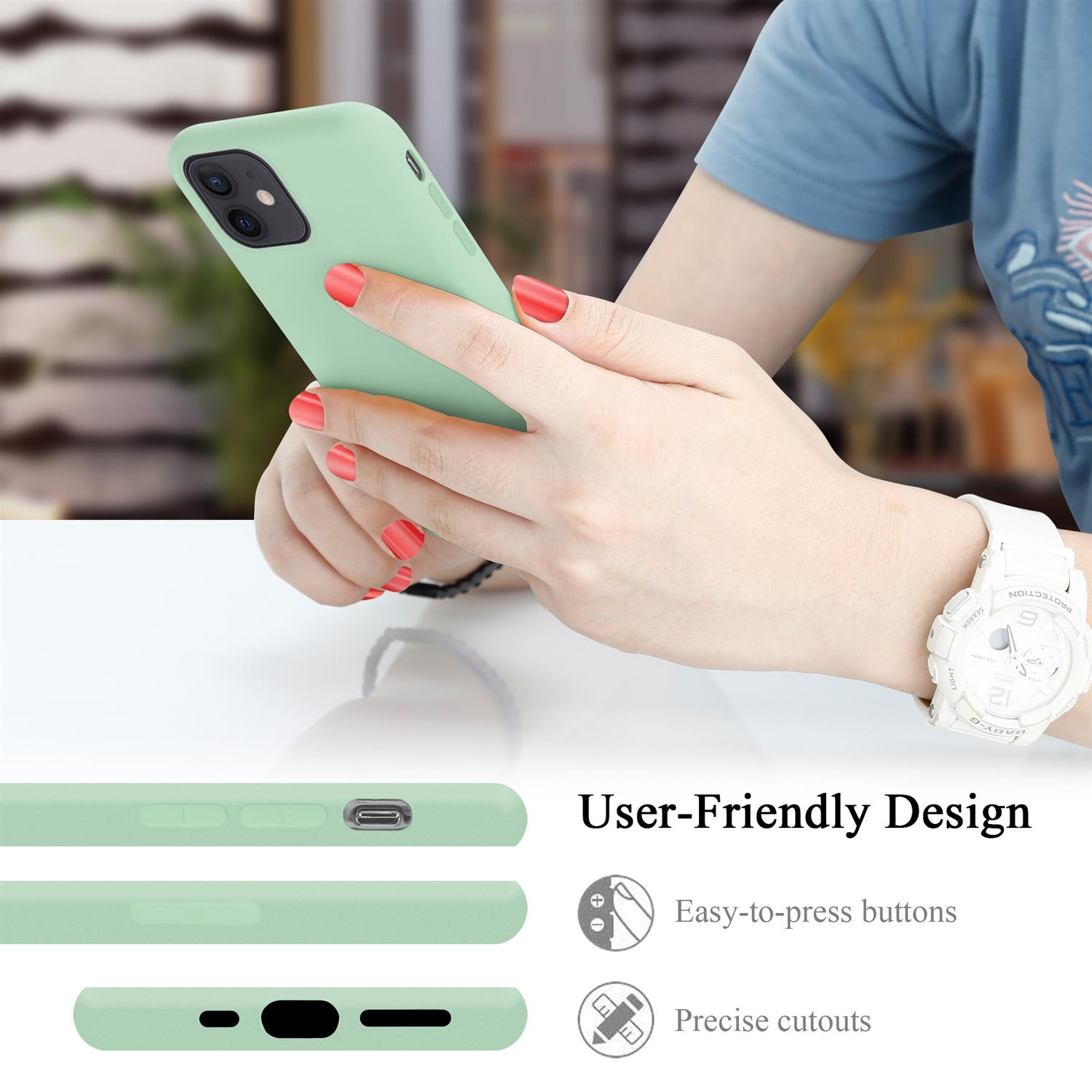 Hände halten ein mintgrünes Telefon mit einer Handyhülle. Benutzerfreundliche Designsymbole sind vorhanden.