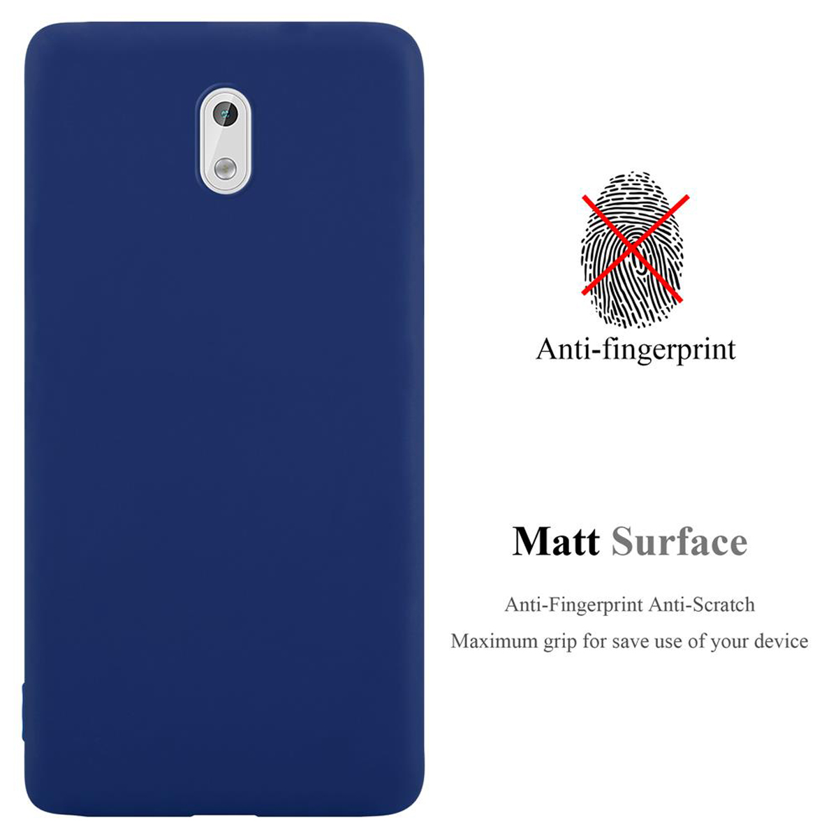 Custodia per telefono blu scuro con testo anti-impronta. Ha una superficie opaca e proprietà antigraffio.