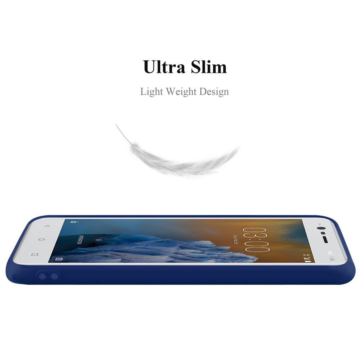 Un telefono su una superficie bianca con testo "Ultra Slim Light Weight Design" e una piuma.
