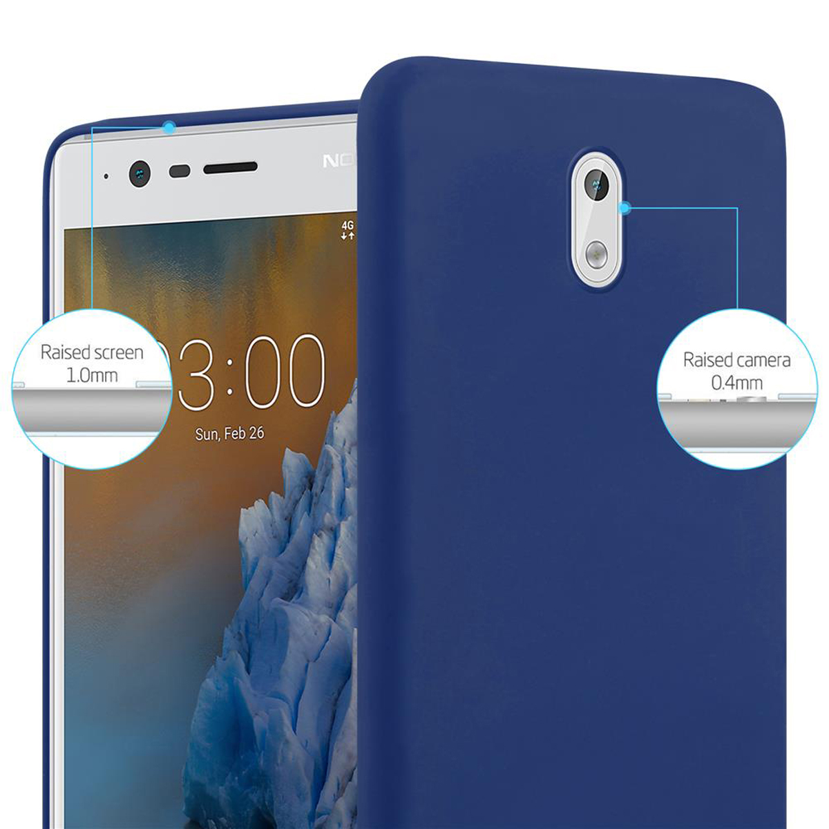 Una custodia per telefono blu su un telefono con le parole "Schermo rialzato" e "Fotocamera rialzata".