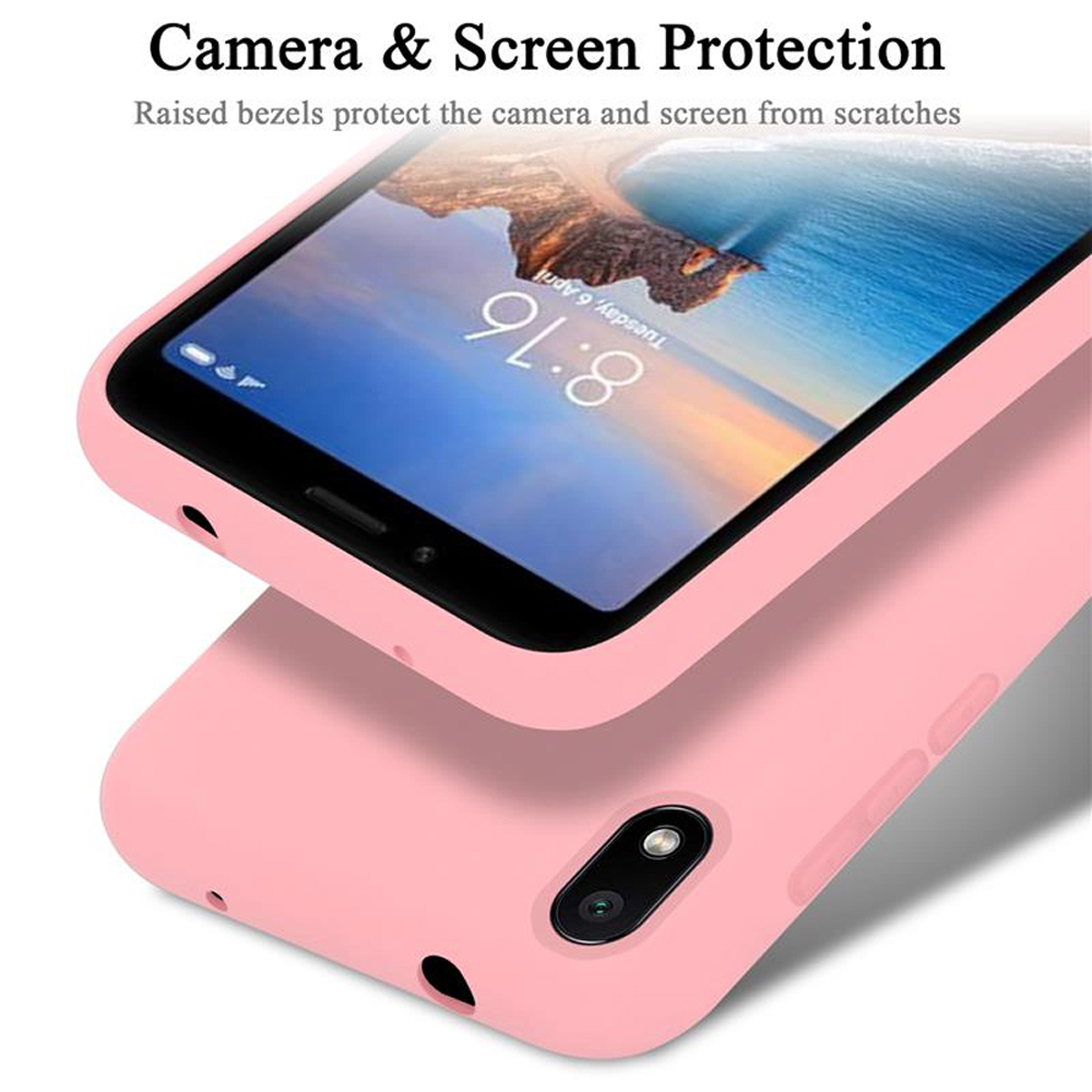 Rosa Handyhülle mit Telefon und Text, der Kamera- und Bildschirmschutz angibt.