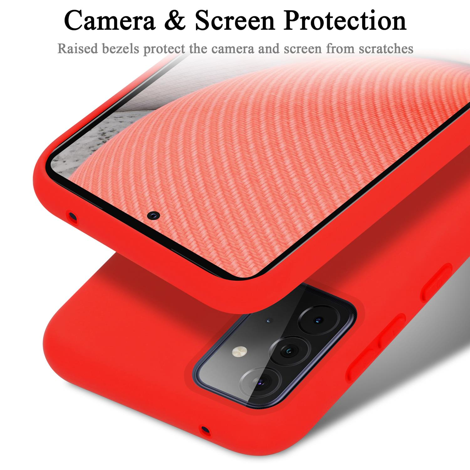Custodia rossa per telefono che mostra la protezione della fotocamera e dello schermo.