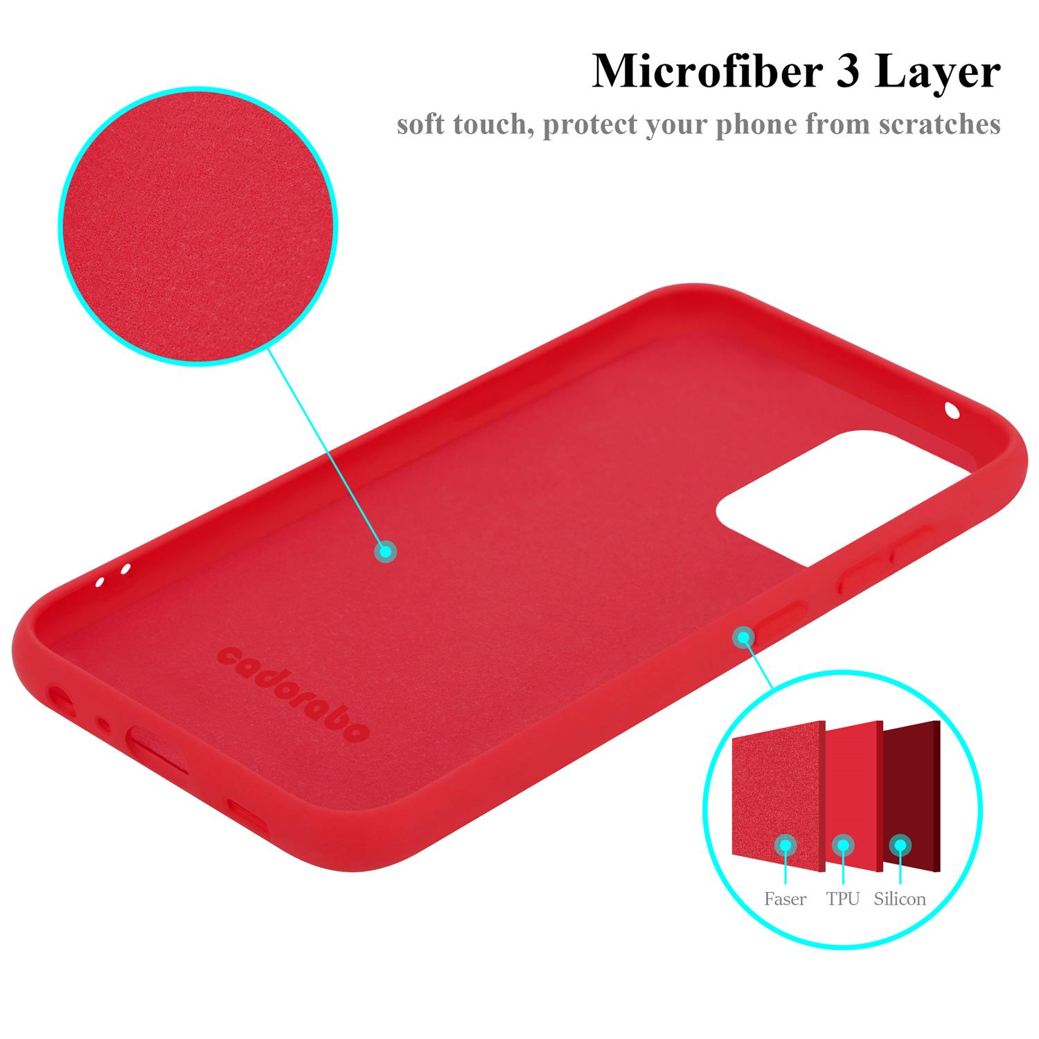 Custodia per telefono rossa con primo piano sulla trama. La custodia ha tre strati: Faser, TPU e Silicone.