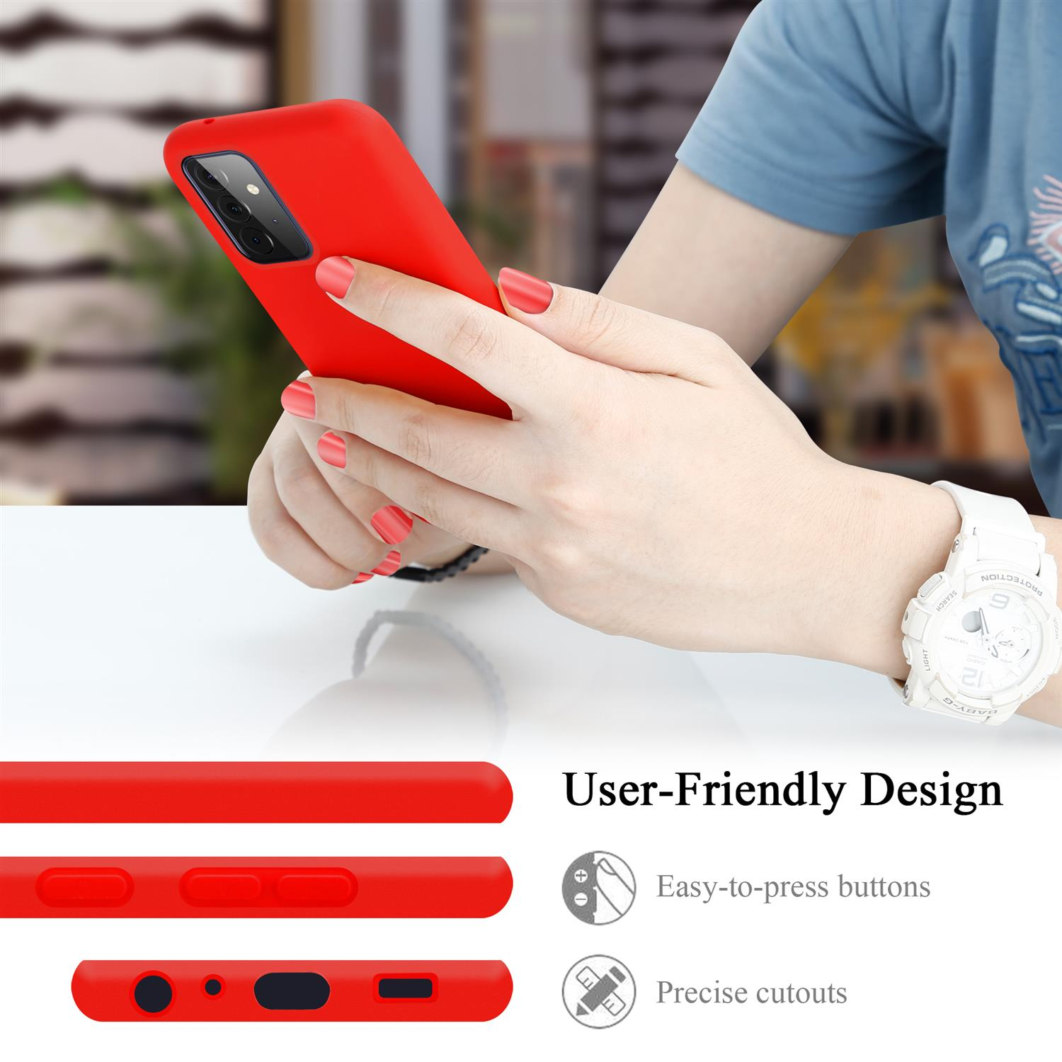Una custodia per telefono rossa con un telefono rosso all'interno. Vengono mostrate funzionalità di design user-friendly.