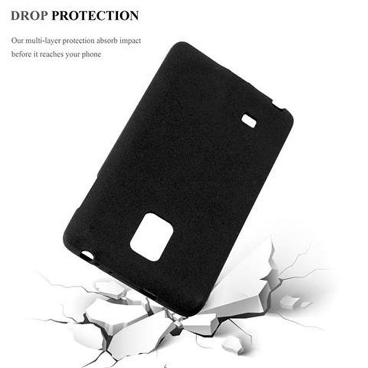 Funda de teléfono negra sobre blanco. Texto: Protección contra caídas. Un teléfono cae sobre una superficie, rompiéndola.