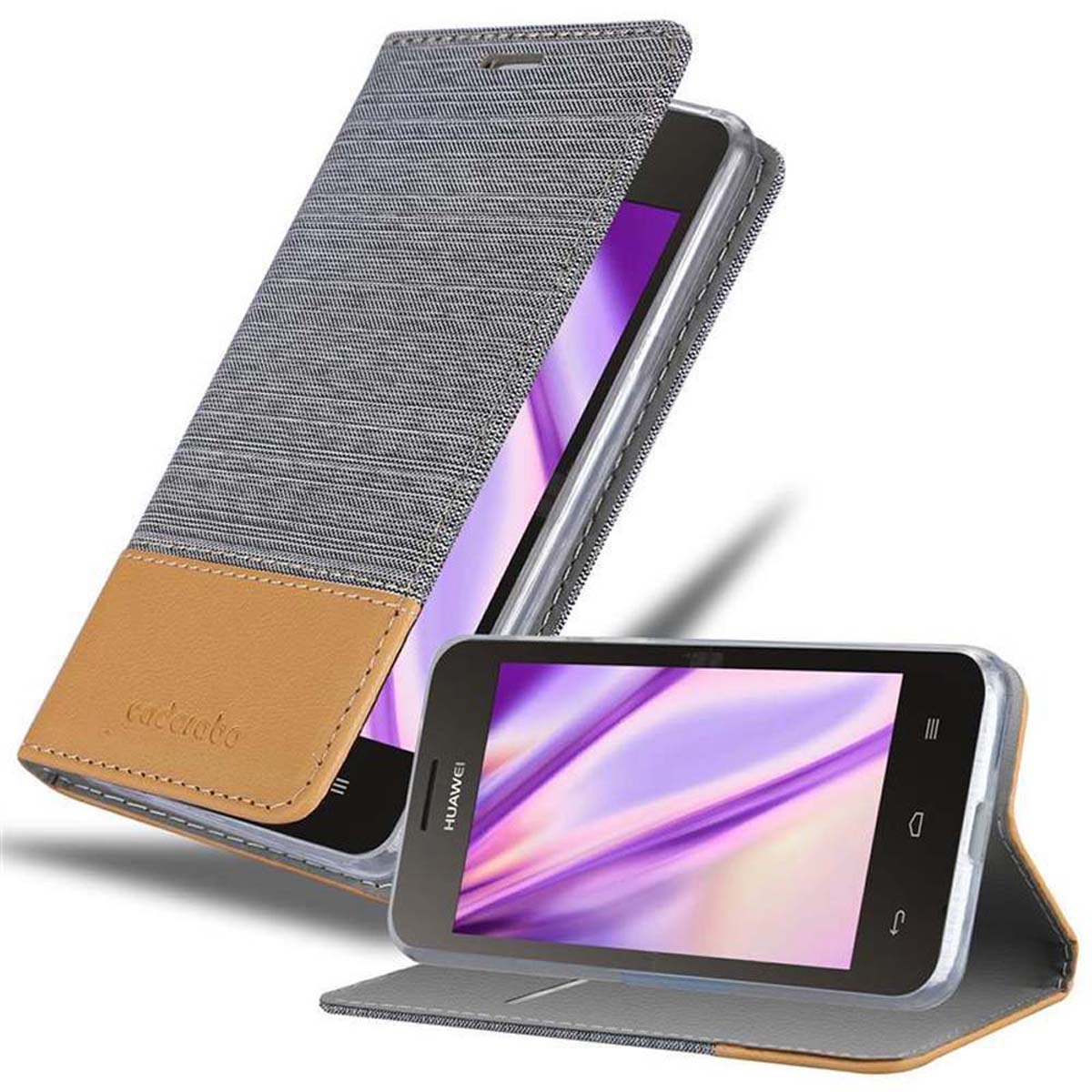 Un étui de téléphone avec une couverture grise et beige. Le téléphone est visible à travers un étui transparent.