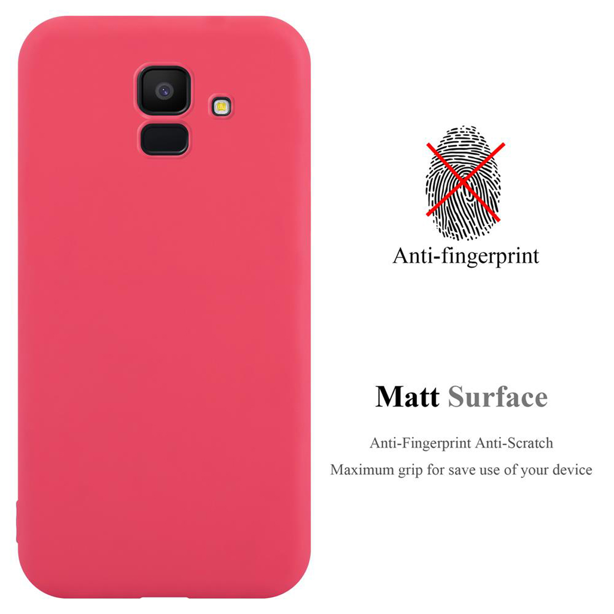Eine rosa Handyhülle mit matter Oberfläche. Der Text 'Anti-fingerprint' und 'Matt Surface' sind sichtbar.