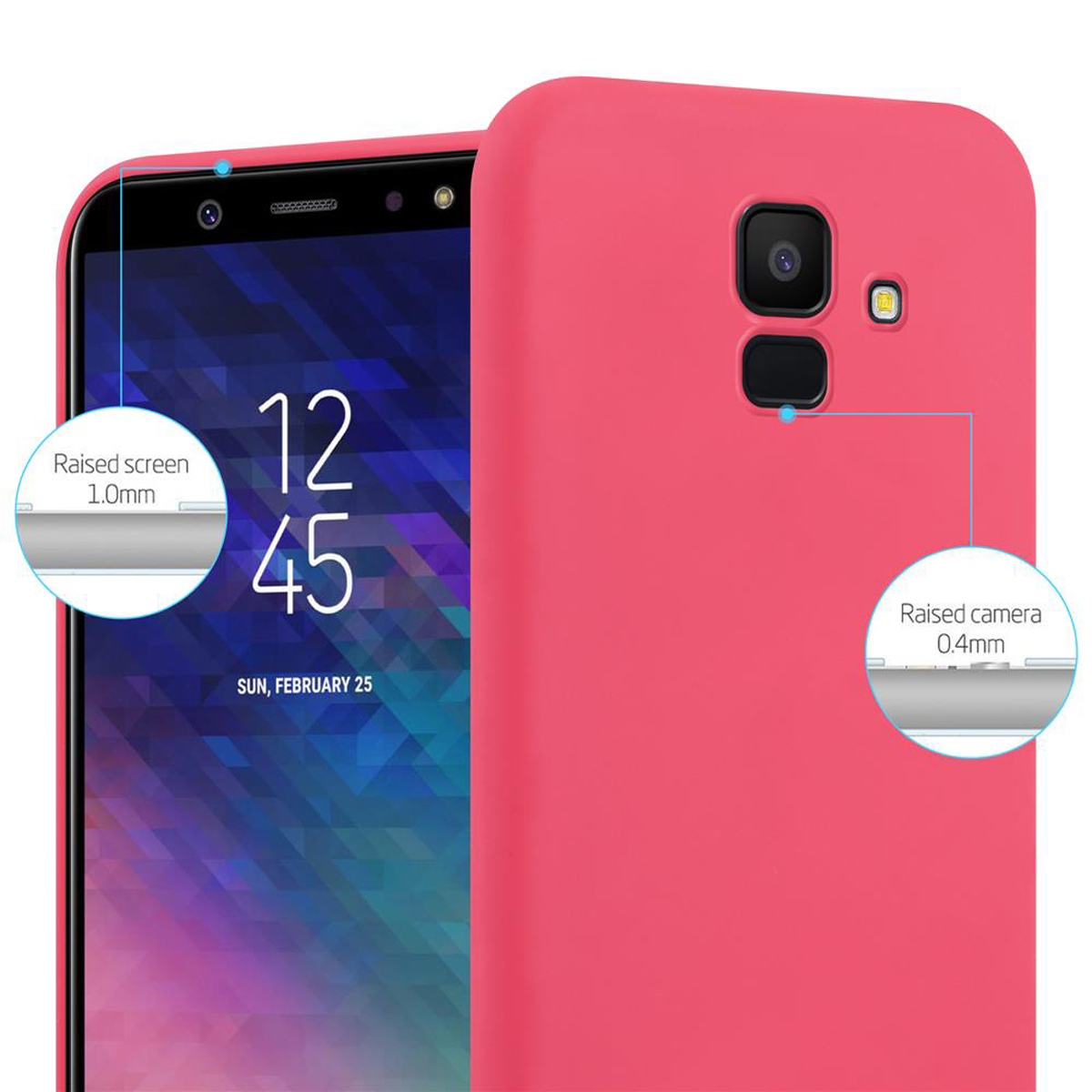 Eine pinkfarbene Handyhülle mit einem schwarzen Telefon darin. Die Hülle hat erhöhten Bildschirm- und Kameraschutz.