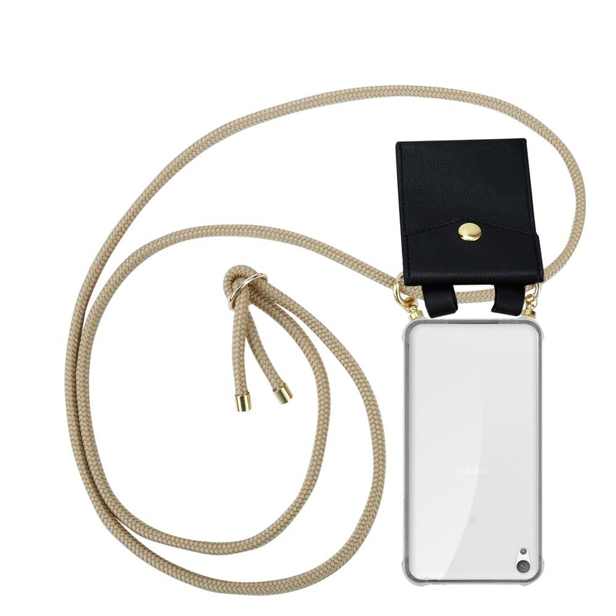 Handyhülle mit beigem Lanyard. Die Hülle hat eine schwarze Ledertasche.
