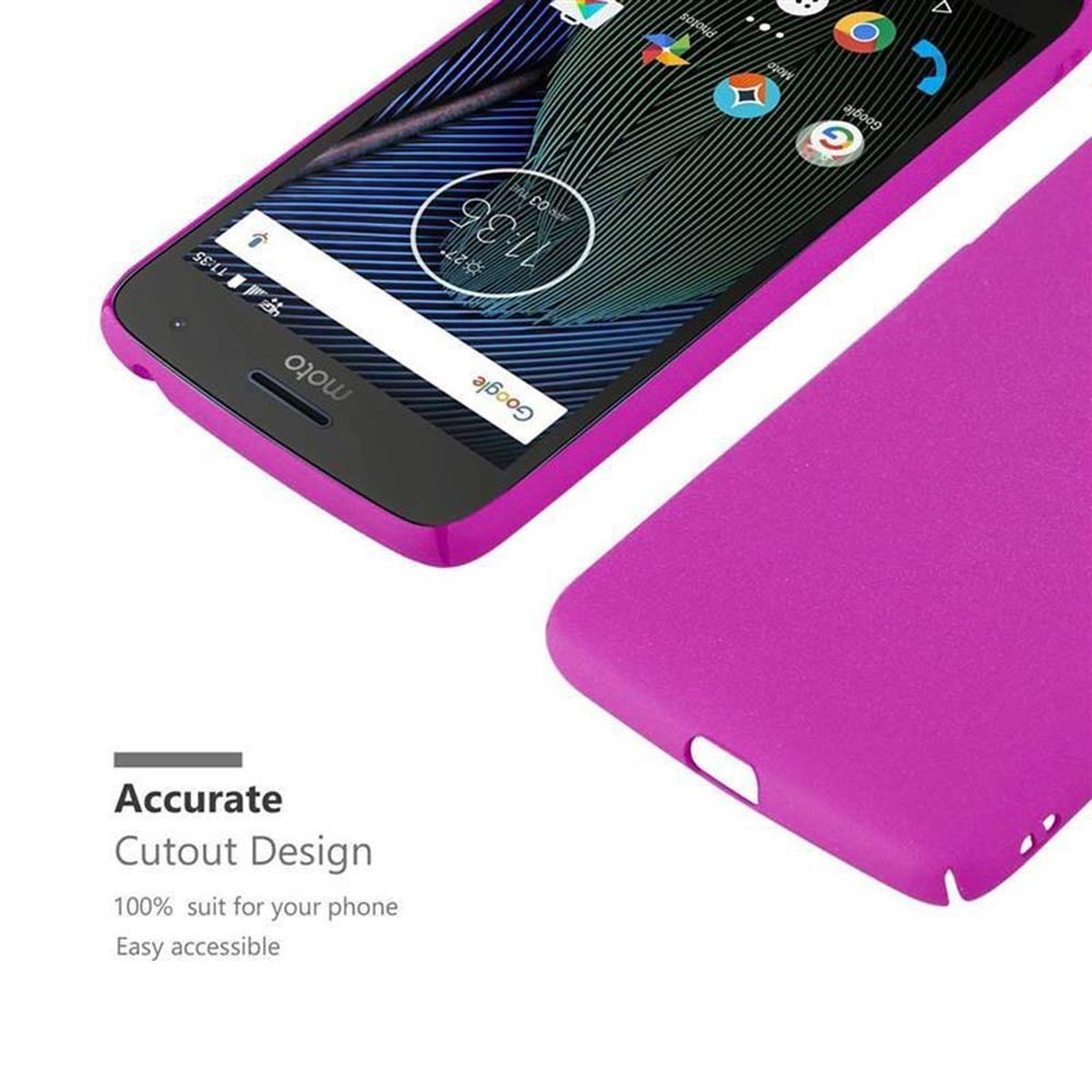 Un telefono con una custodia magenta. Lo schermo mostra la schermata iniziale. La custodia è vicina al telefono.