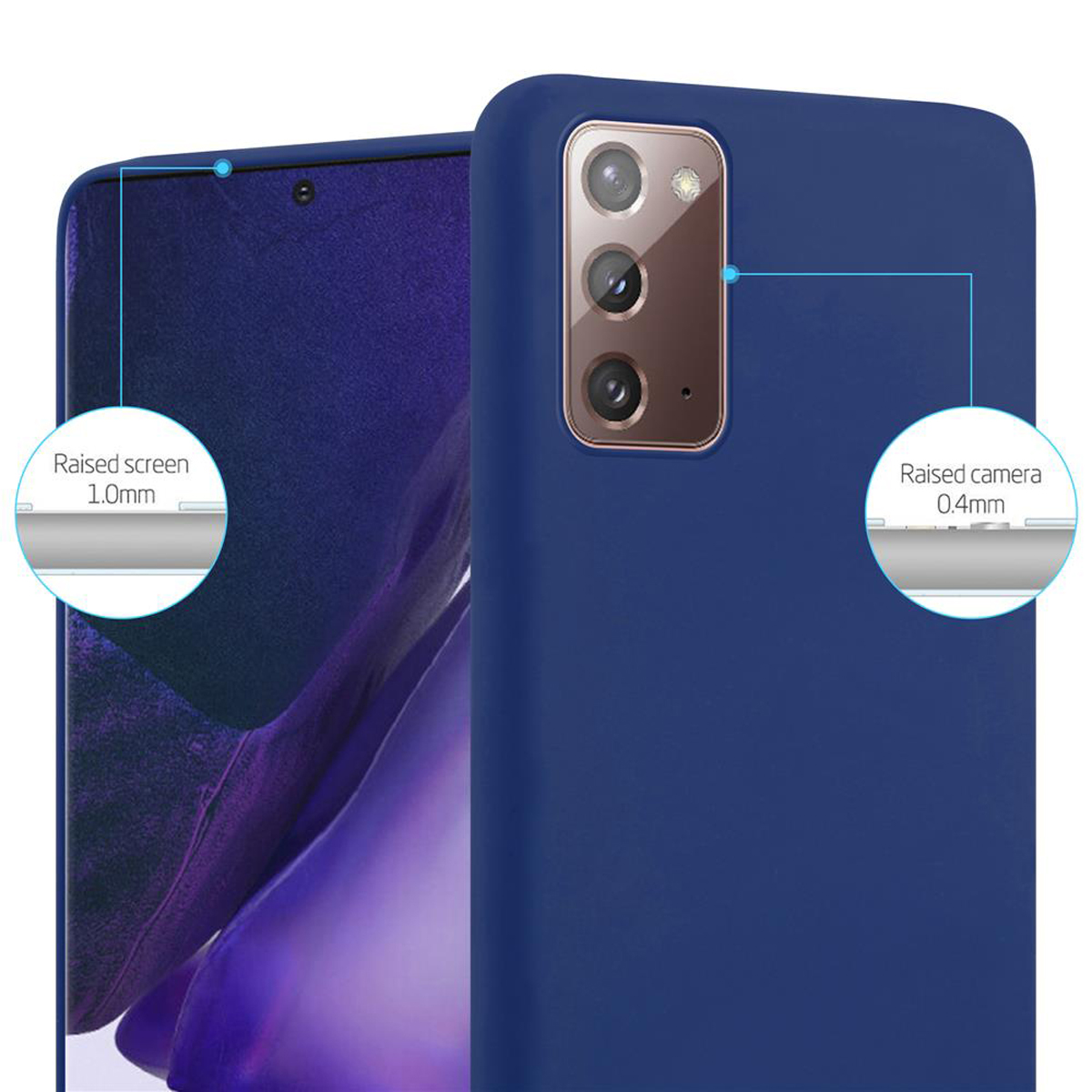 Custodia blu per telefono. Bordi dello schermo e della fotocamera rialzati. Testo: Schermo rialzato 1,0 mm, fotocamera rialzata 0,4 mm.