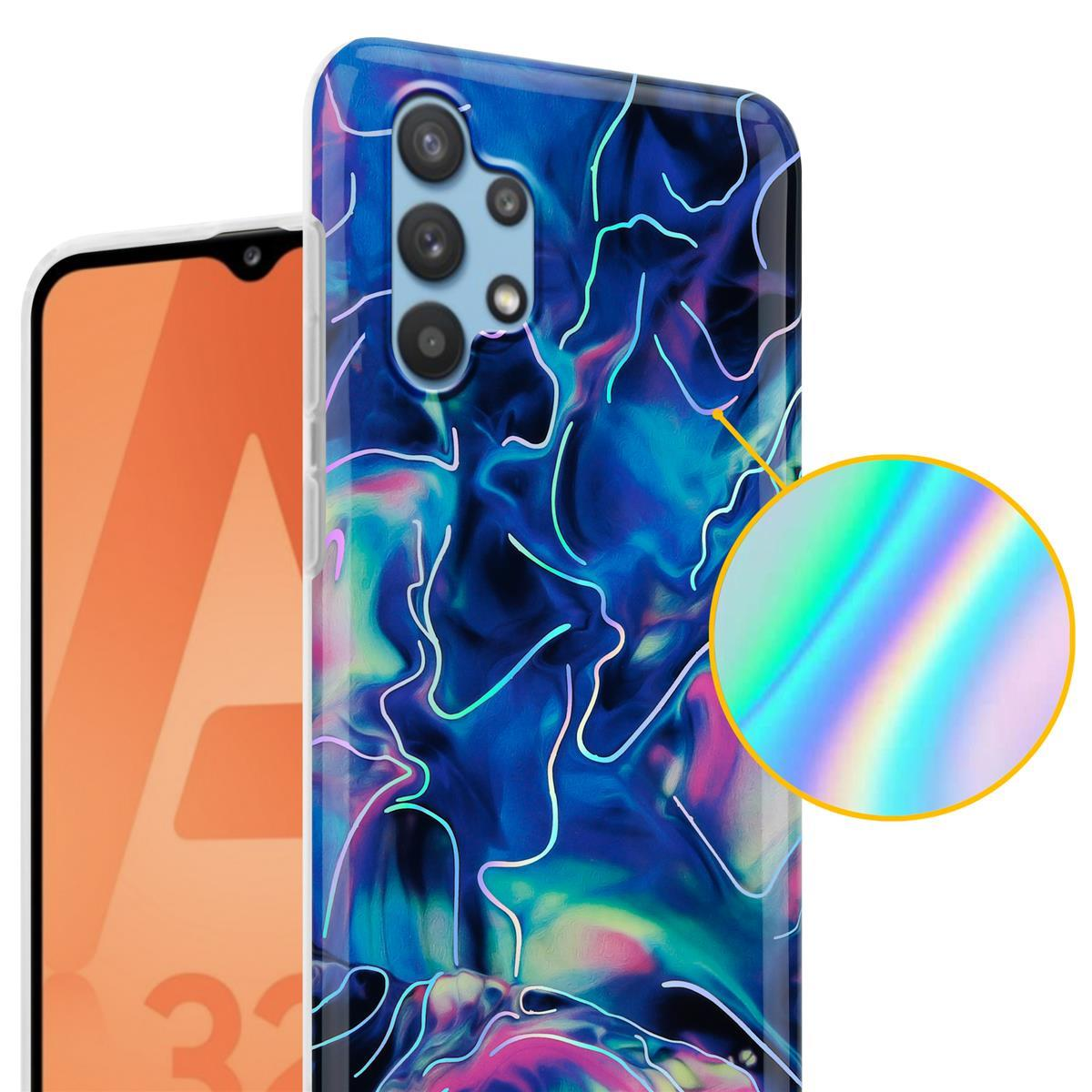 Custodia per telefono con design astratto blu e bianco. Dettaglio circolare mostra effetto arcobaleno.