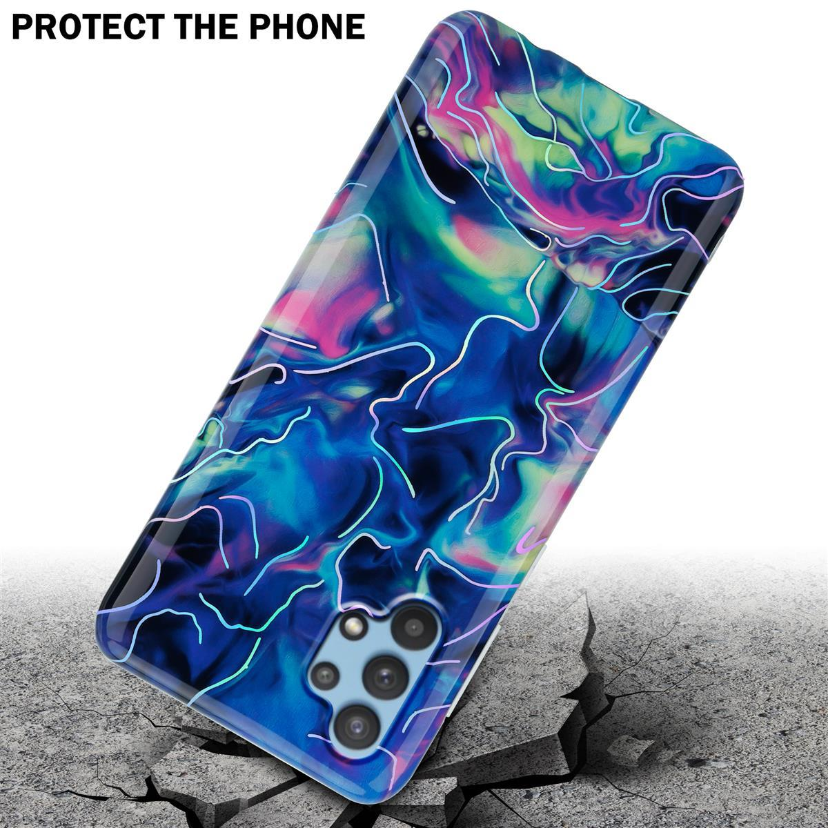 Una custodia per telefono con un design astratto e colorato. Si trova su una superficie incrinata.