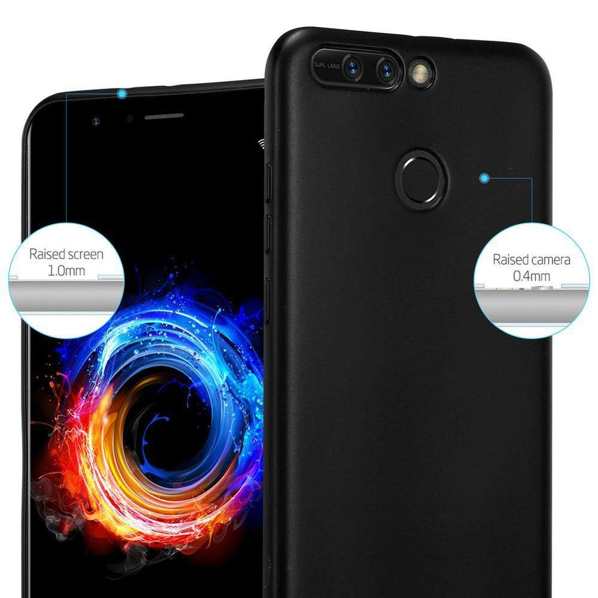 Due telefoni e custodie nere. Uno mostra uno schermo rialzato di 1,0 mm, l'altro una fotocamera rialzata di 0,4 mm.