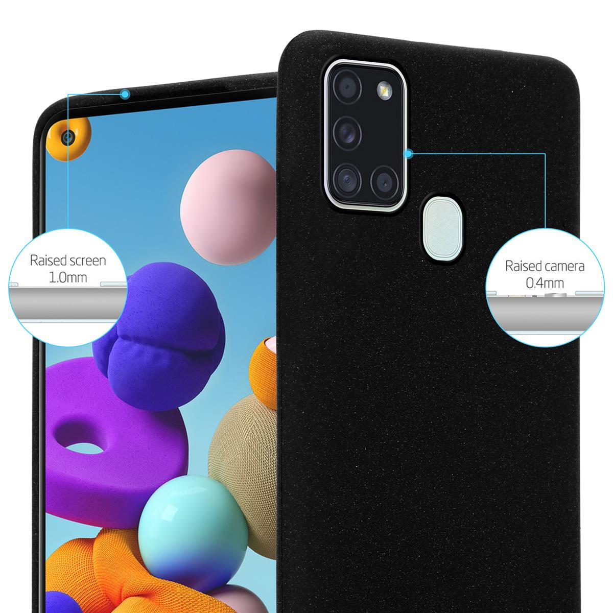 Custodia per telefono nera, fotocamera e schermo rialzati. Il testo indica schermo e fotocamera rialzati.