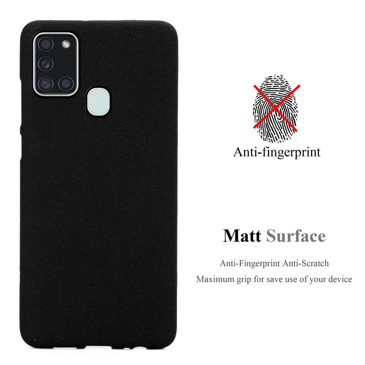 Custodia per telefono nera con superficie opaca e funzione anti-impronta. Un'immagine di impronta con una croce rossa è a destra.