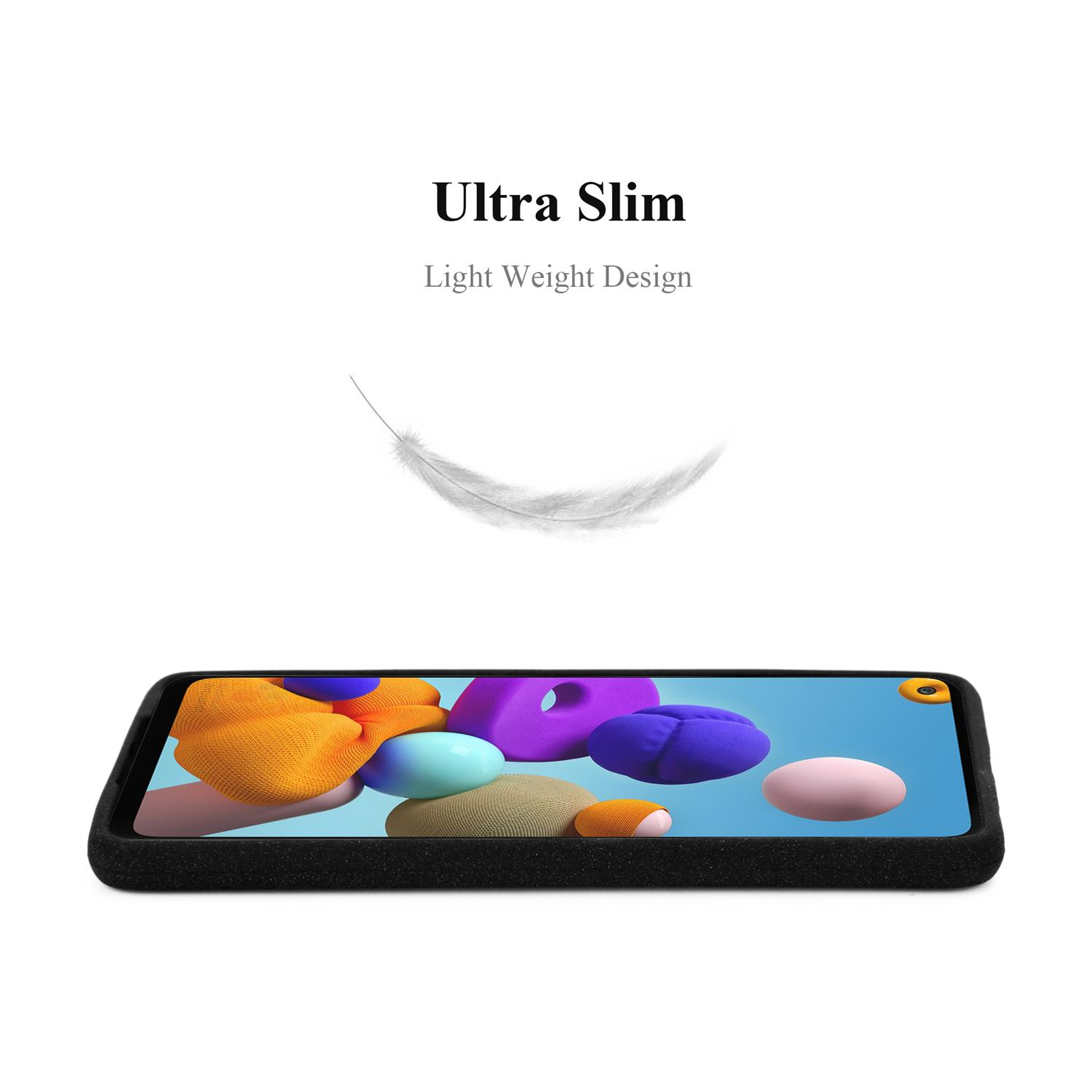 Custodia per telefono con design astratto colorato. Una piuma fluttua sopra, testo: 'Ultra Slim, Light Weight Design'.