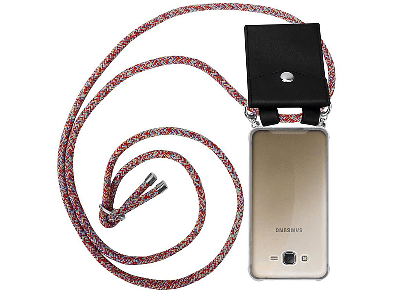 CADORABO Handy Kette mit Silber Ringen, Kordel Band und abnehmbarer Hülle, Backcover, Samsung, Galaxy J7 2015, COLORFUL PARROT
