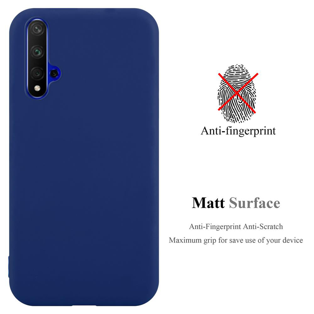 Blaue Handyhülle mit matter Oberfläche und Anti-Fingerabdruck-Design. Text sagt Anti-Fingerabdruck und matte Oberfläche.