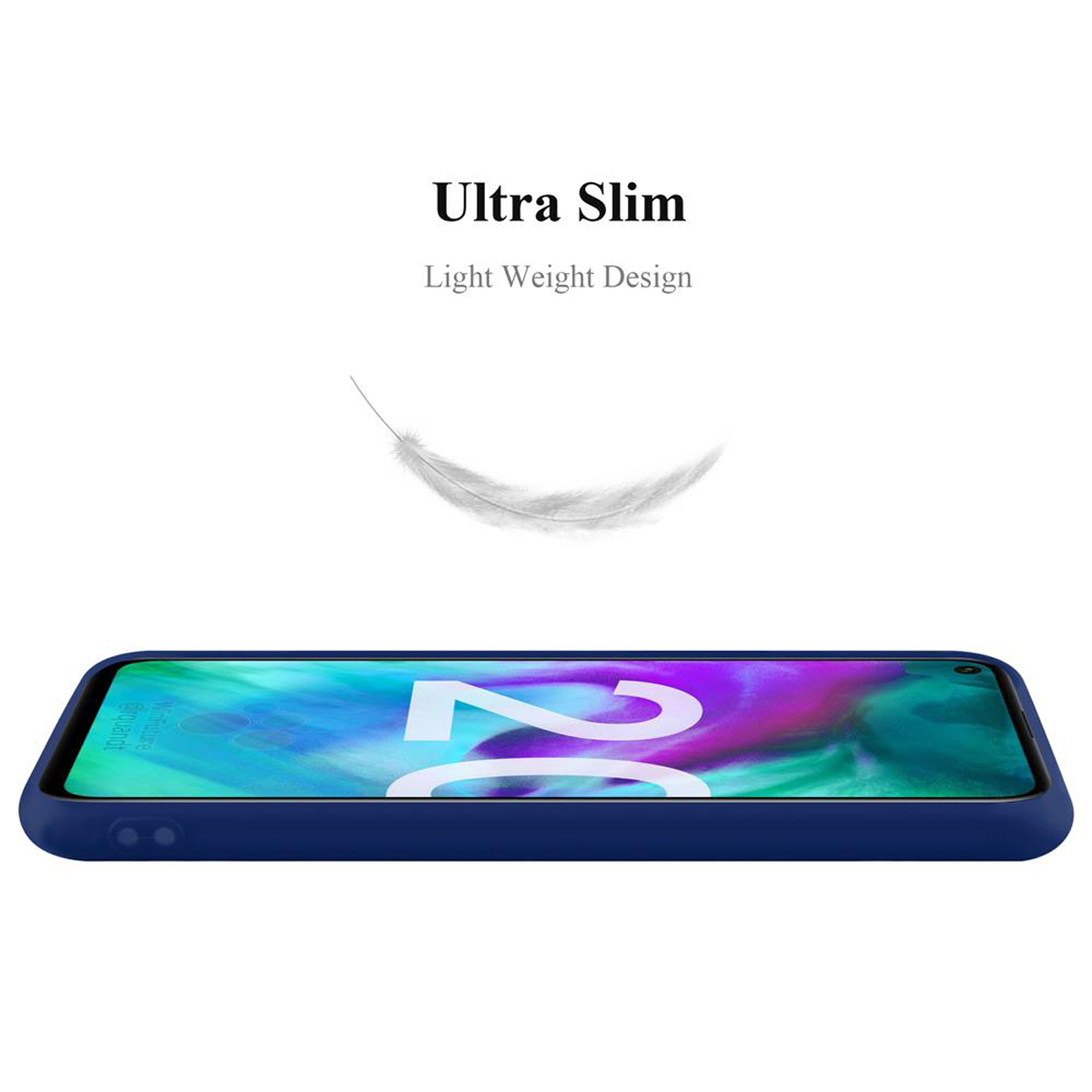 Eine blaue Handyhülle. Eine Feder schwebt darüber. Text: Ultra Slim, Light Weight Design.