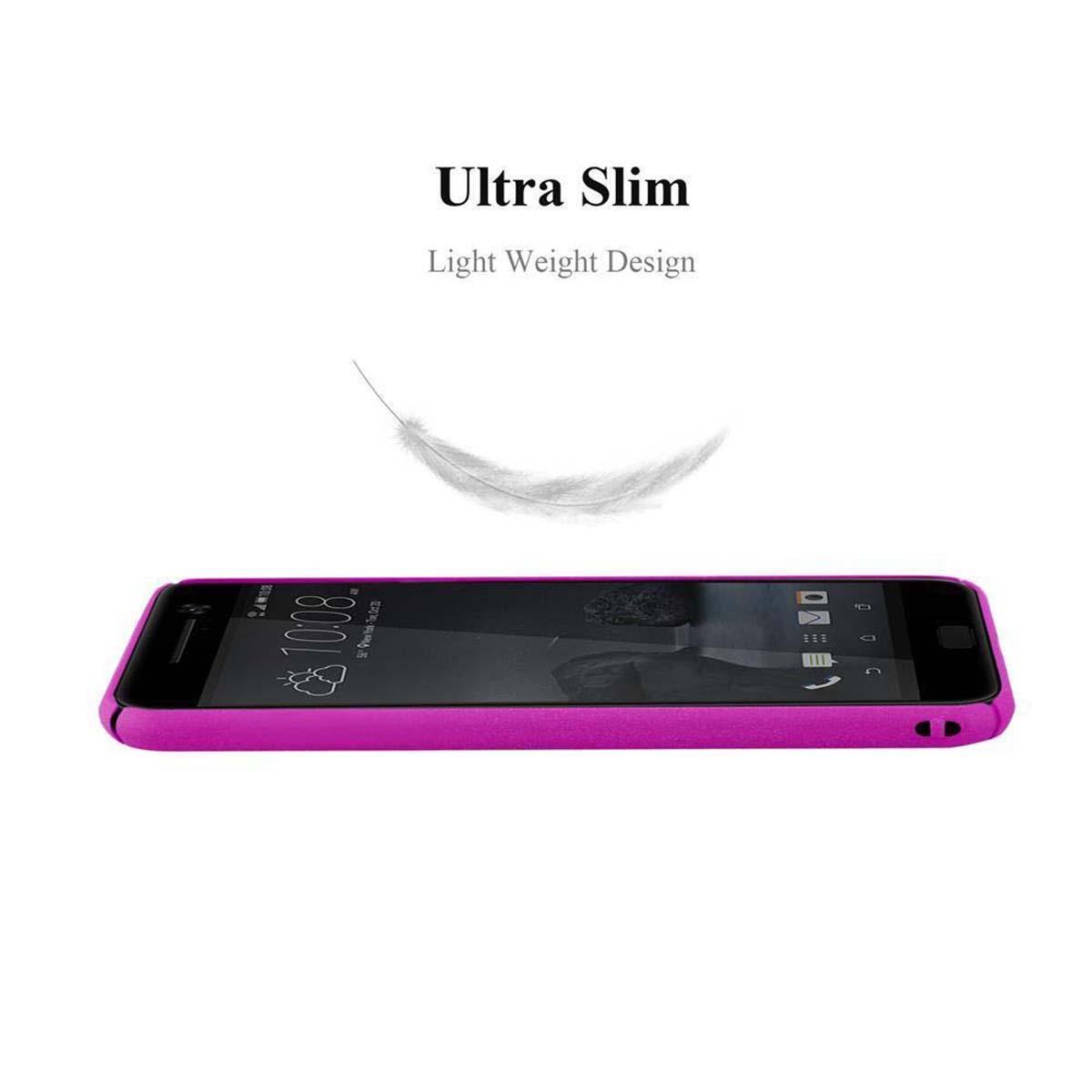 Ein schlankes, magentafarbenes Telefon liegt horizontal. Eine Feder schwebt darüber, auf weißem Hintergrund.
