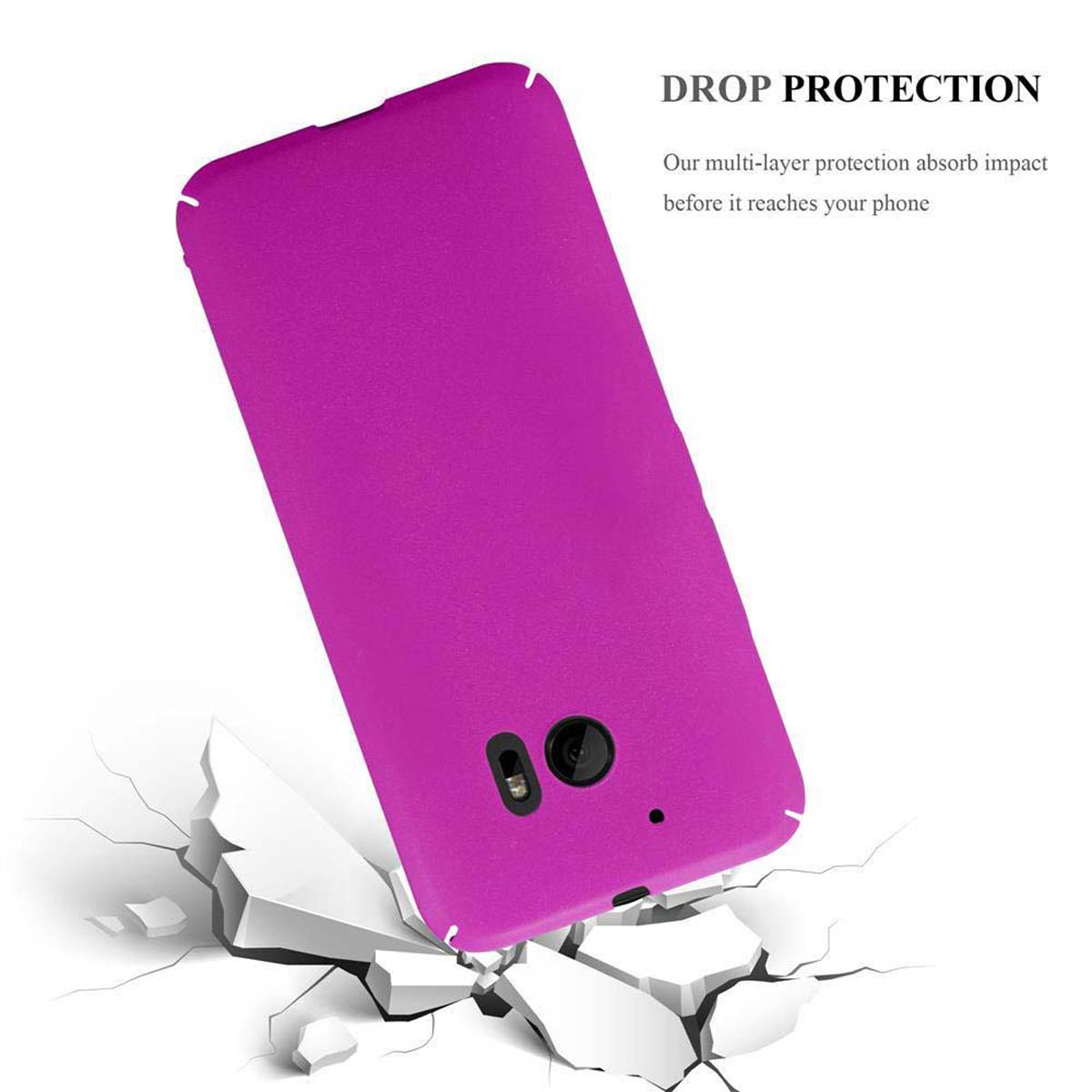 Eine rosa Handyhülle fällt auf zerbrochene weiße Fliesen. Der Text lautet DROP PROTECTION.