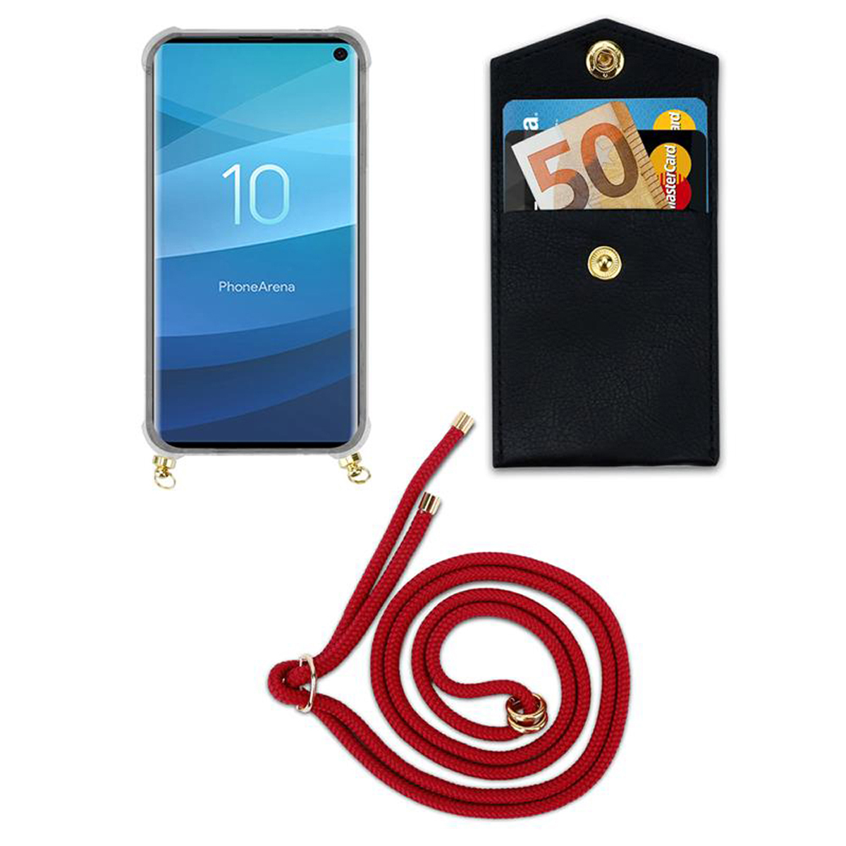 Custodia per telefono con cordino rosso, portafoglio nero con Mastercard e banconota da 50 euro.