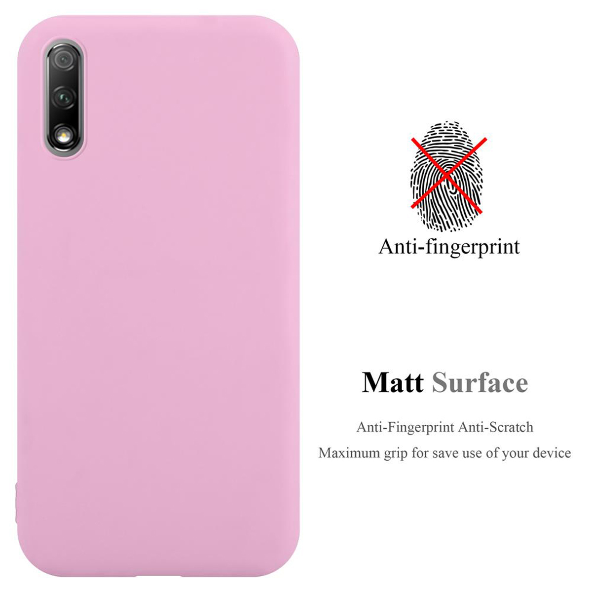 Custodia rosa per telefono con superficie opaca e design anti-impronte, con il testo anti-impronte e superficie opaca.