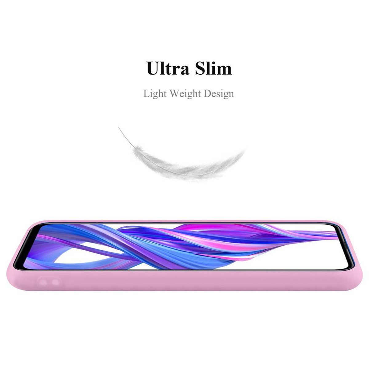 Custodia rosa con illustrazione di piuma. Testo: 'Ultra Slim Light Weight Design'.