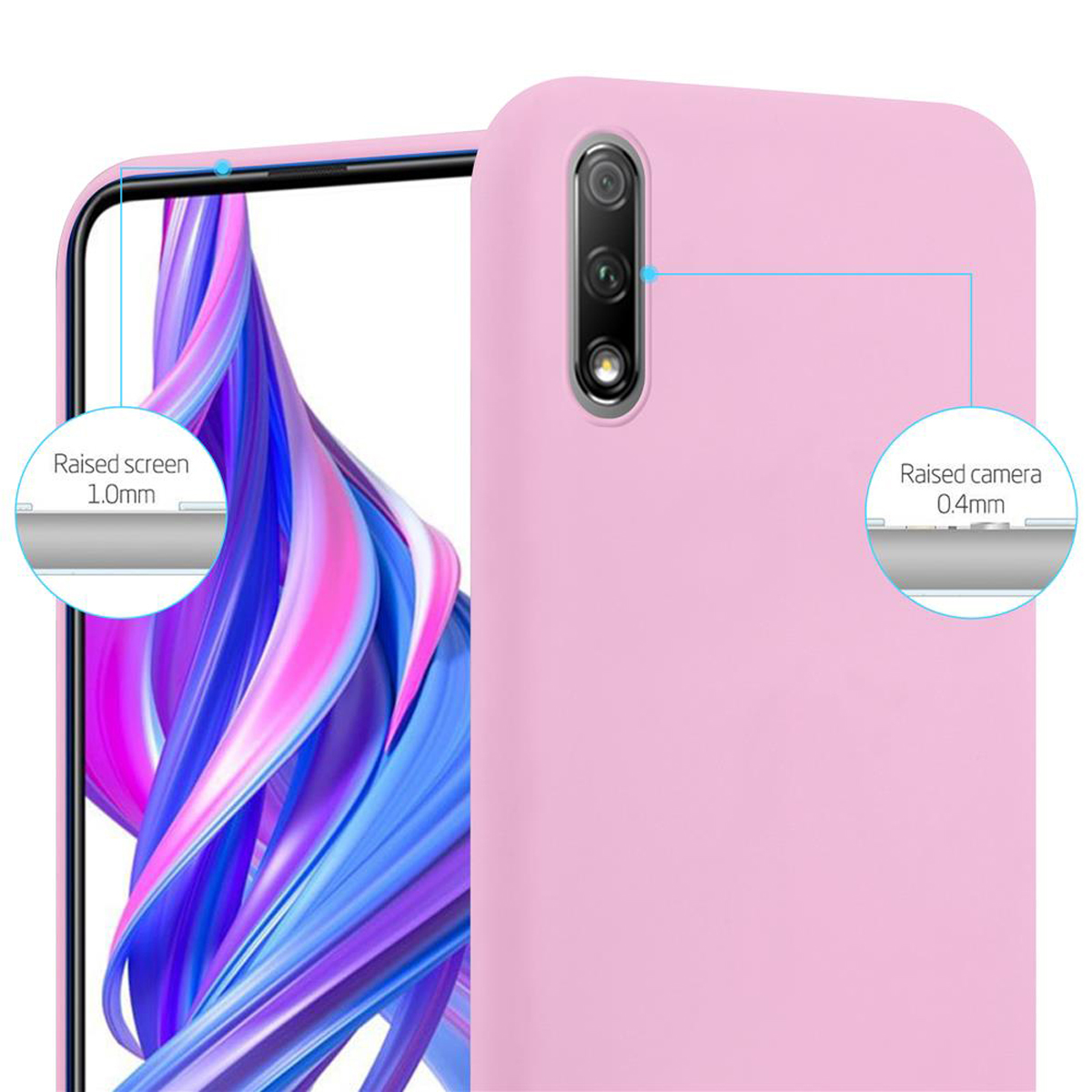 Custodia rosa per telefono con protezione rialzata per fotocamera e schermo. Primo piano.