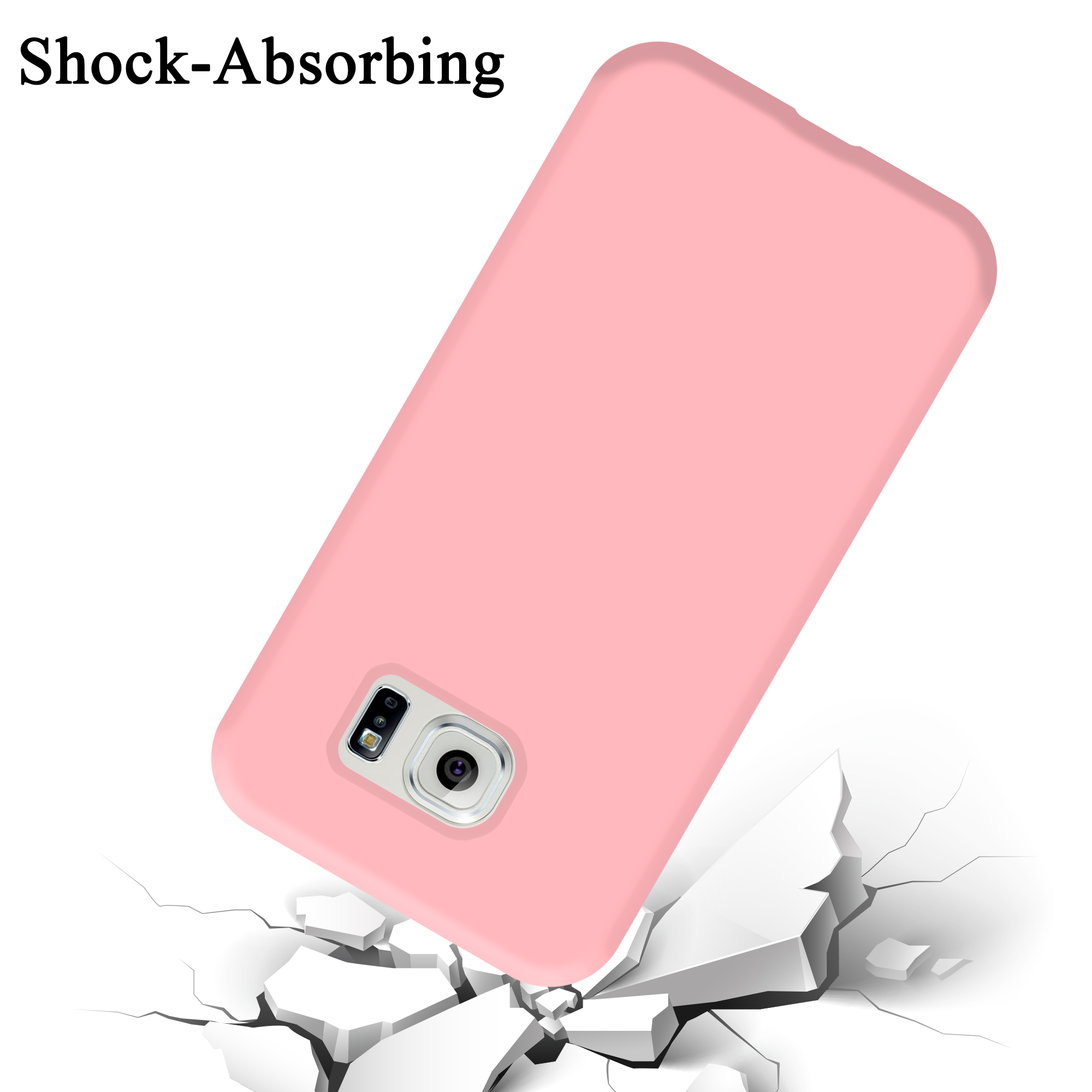 Una custodia per telefono rosa è su una superficie che sembra rompersi. La custodia del telefono è piatta.