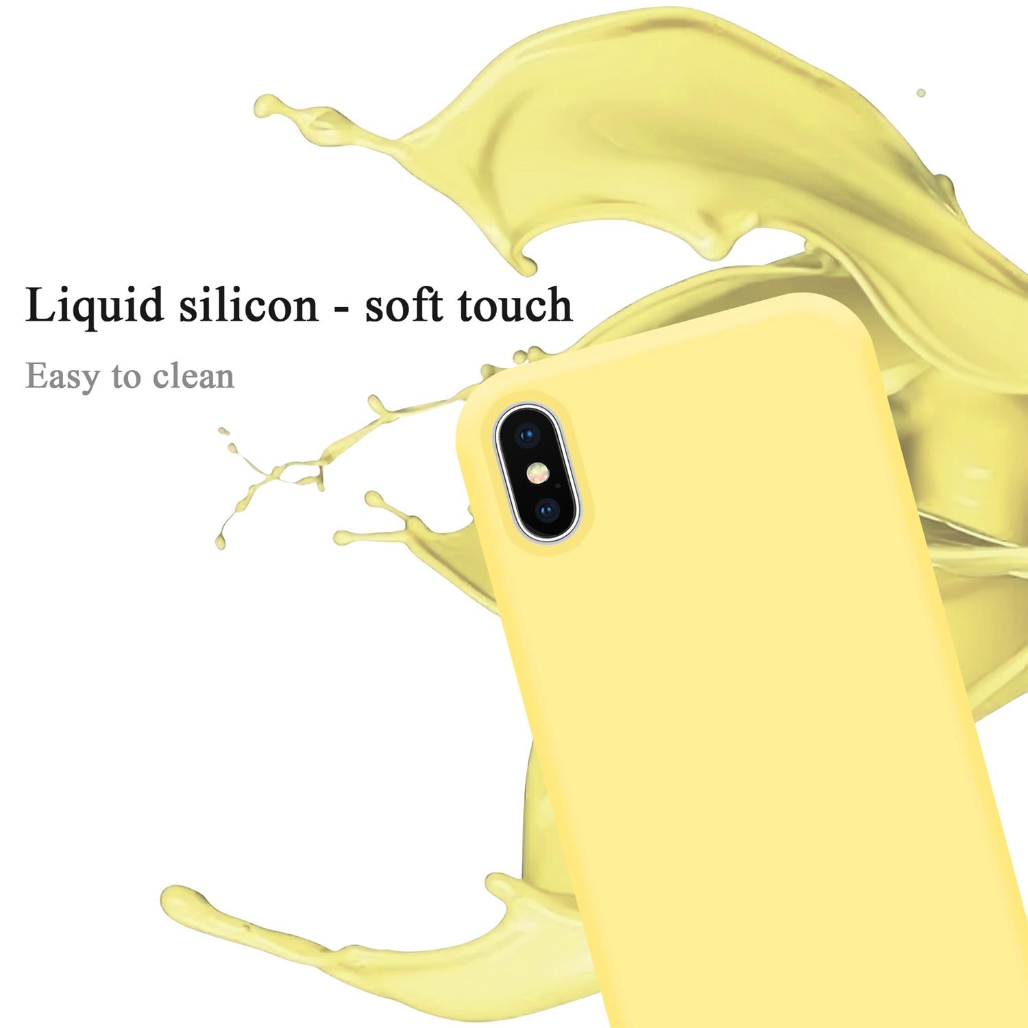 Eine gelbe Handyhülle mit einem Spritzer gelber Farbe im Hintergrund. Es hat eine Kamera.