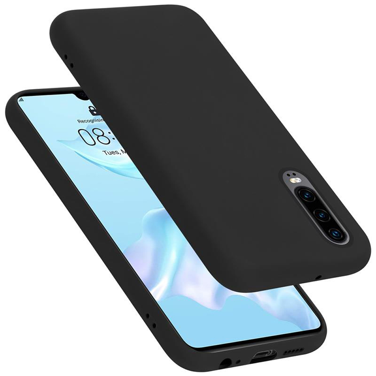 Eine schwarze Handyhülle, eine ist geöffnet mit dem Telefon auf dem Tisch.