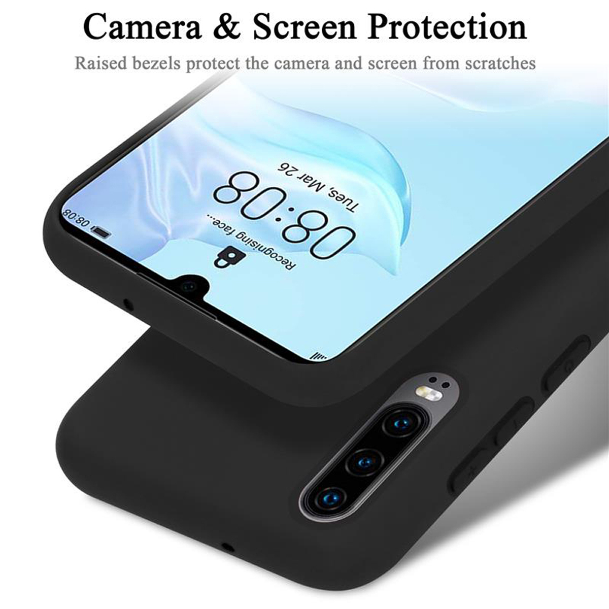 Eine Telefonhülle auf einem anderen Telefon. Der Bildschirm zeigt die Zeit und die Worte 'Recognising Face...'