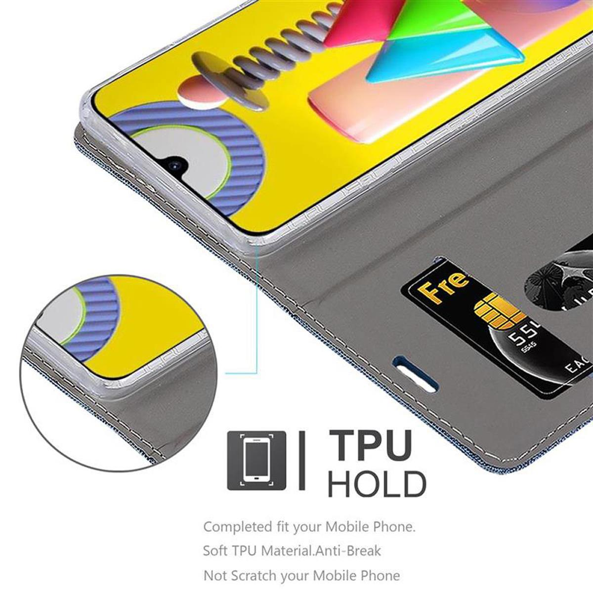 Custodia grigia per telefono con telefono all'interno e fessura per carte di credito. Testo TPU HOLD sotto.