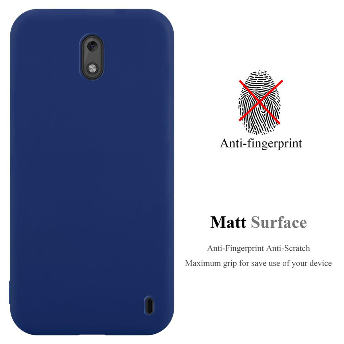 Eine dunkelblaue Handyhülle. Text: Anti-Fingerabdruck, Mattierte Oberfläche, Anti-Kratz, Maximaler Grip.