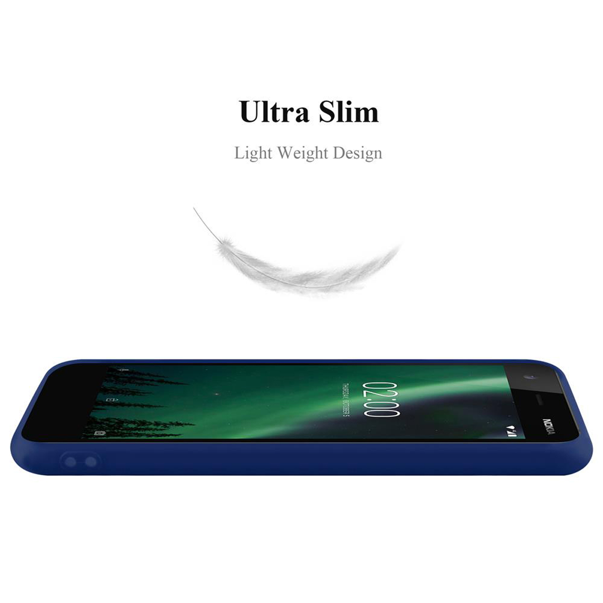 Eine dunkelblaue Handyhülle mit Telefon und Feder, mit dem Text 'Ultra Slim'.