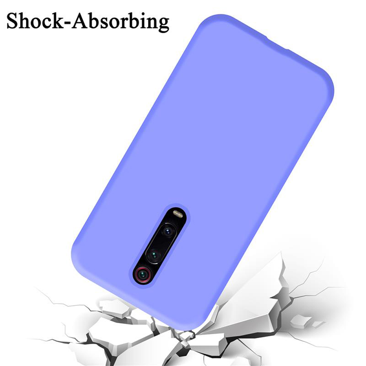 Custodia per telefono lilla con testo Shock-Absorbing, con un telefono e un terreno incrinato sottostante.