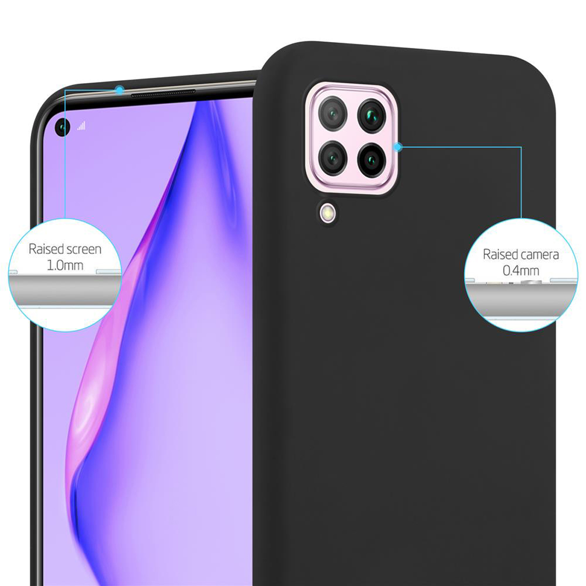 Custodia nera per telefono che protegge fotocamera e schermo. Telefono su superficie bianca.