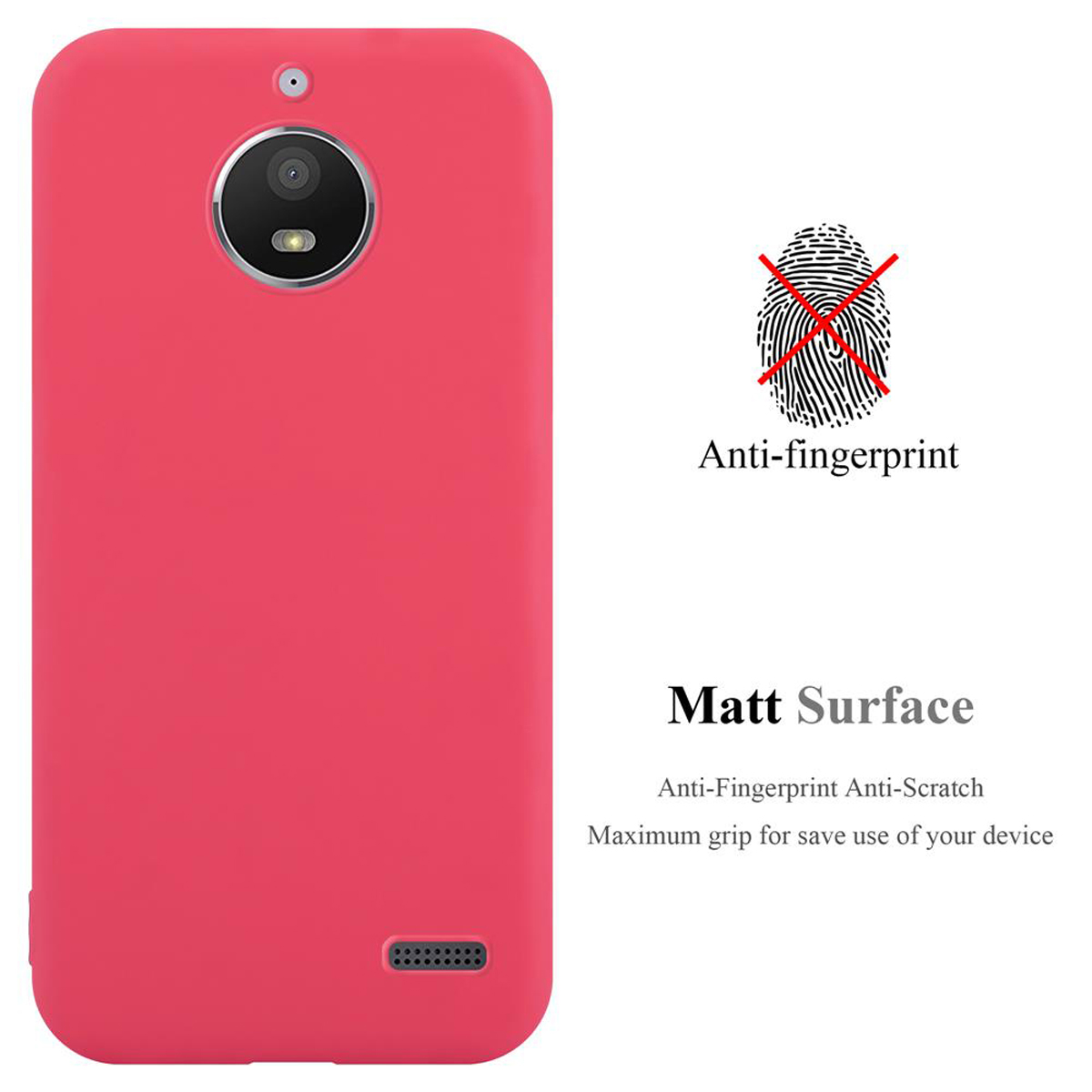 Custodia rossa con anti-impronte e superficie opaca. Testo: Anti-impronte, Superficie opaca, Anti-graffio.