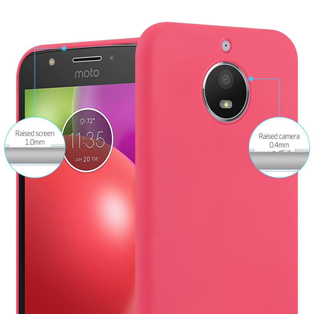 Telefono rosa con schermo e fotocamera rialzati. Logo Moto sul davanti. Vista ravvicinata del telefono.