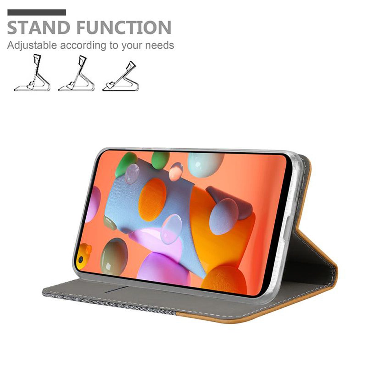 Telefono in una custodia con funzione stand. Il telefono visualizza un'interfaccia a tema arancione.