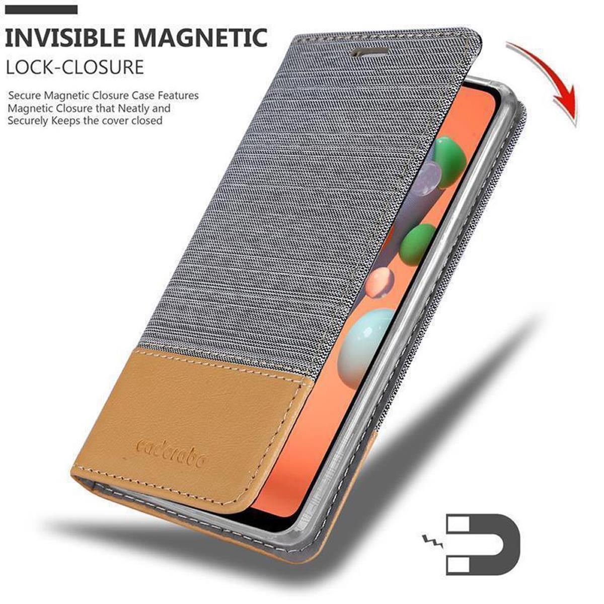 Una custodia per telefono con chiusura magnetica, la custodia è aperta per mostrare il telefono e l'interno.