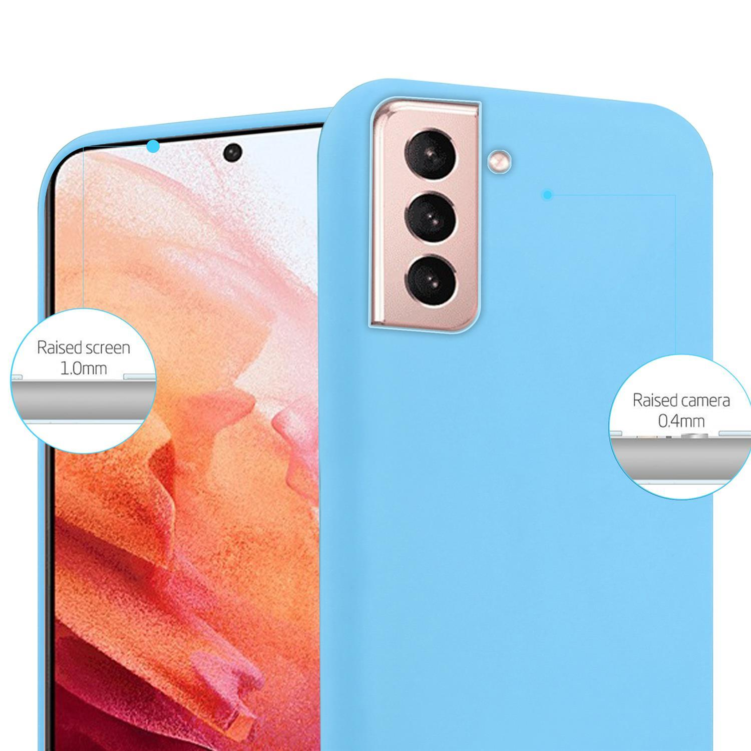 Custodia per telefono blu con schermo e fotocamera rialzati. Dettagli dello schermo e della fotocamera rialzati.