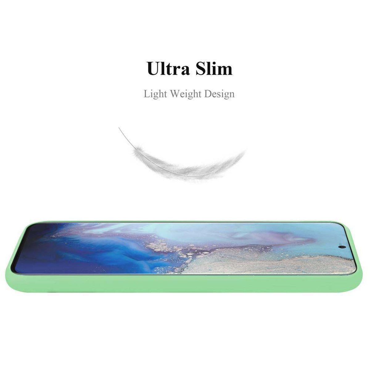Una custodia per telefono verde chiaro è mostrata su una superficie bianca. Il testo dice Ultra Slim e Light Weight Design.