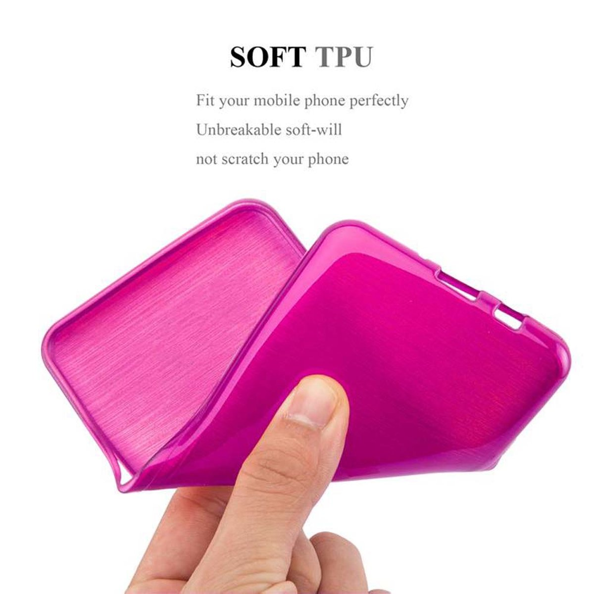 Una mano sostiene una funda de teléfono rosa. Está hecha de TPU suave, es irrompible y no se raya.
