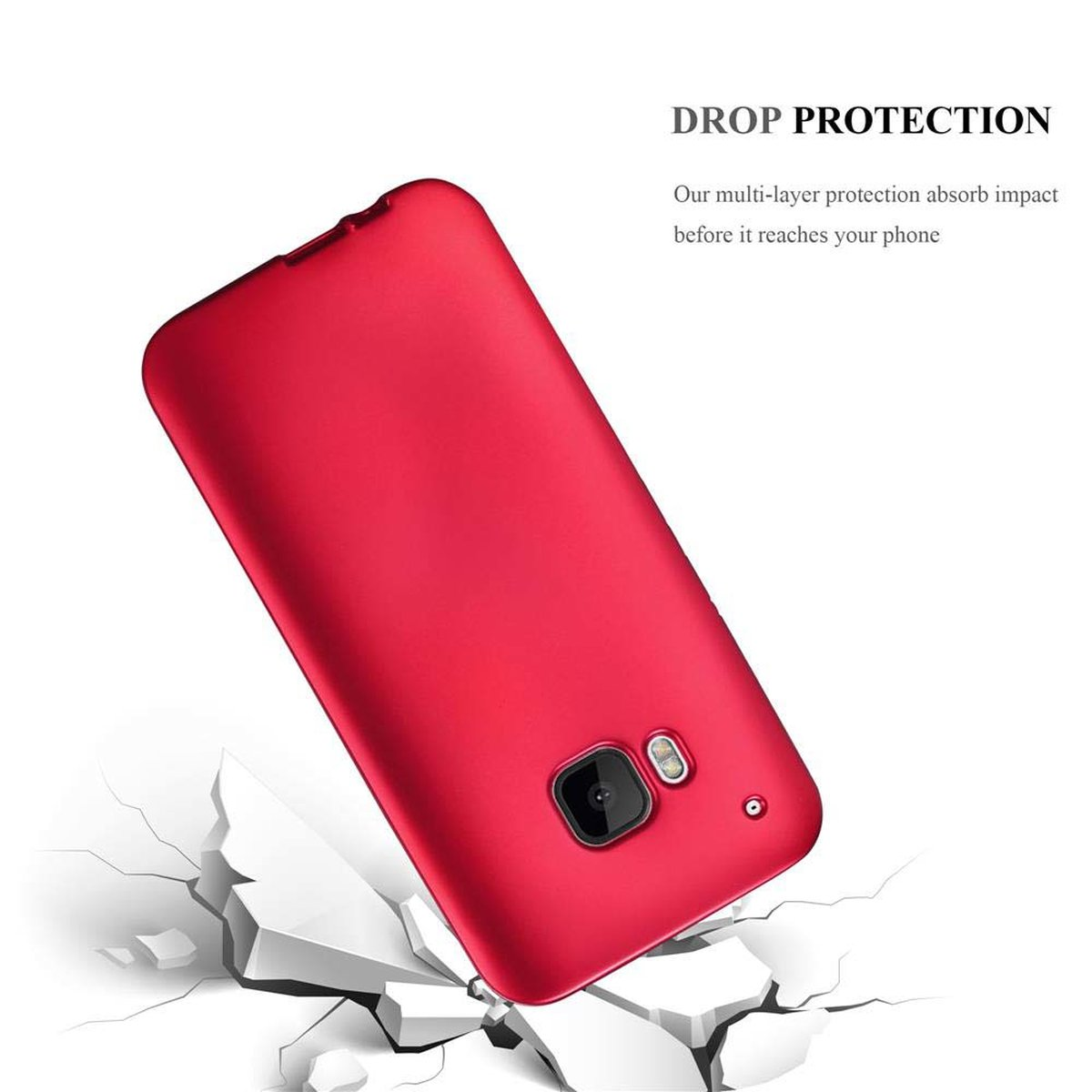Una custodia rossa per telefono con fotocamera ed effetto crepa, che suggerisce protezione dalle cadute.