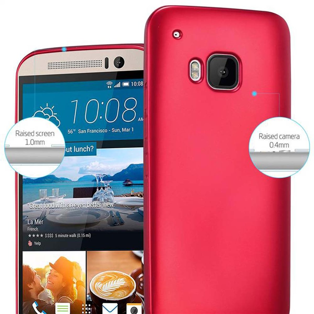 Un telefono rosso con uno schermo che mostra un menu e del testo, e un primo piano dei dettagli del telefono.
