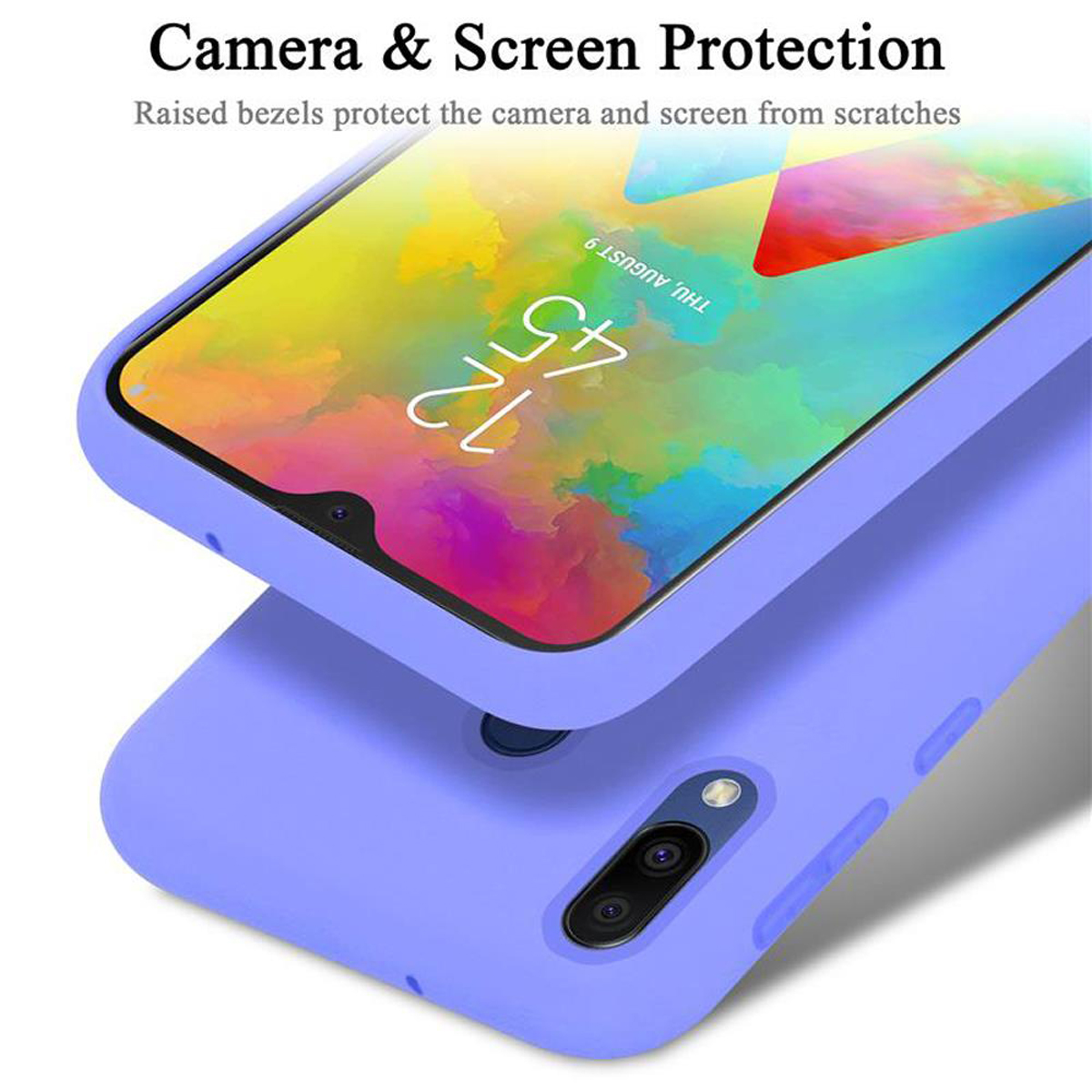 Custodia per telefono viola con telefono all'interno, testo: Protezione fotocamera e schermo, e orologio sullo schermo.